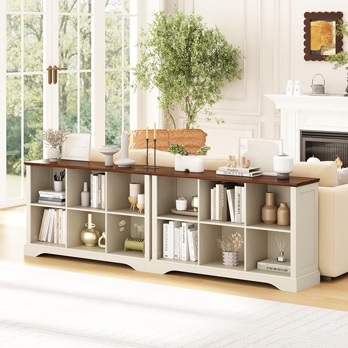 6 Cube Storage Organizer - 47.4" Farmhouse Wood Low Bookshelf, 3 Tier Horizontal Open Shelf Bookcase Cubby Storage Console Cabinet for Living Room, Entryway, Office, Antique White