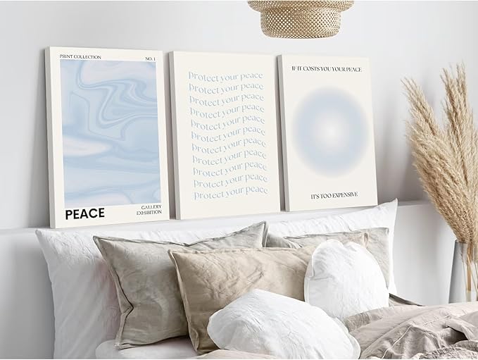 Blue Aura Wall Art Decor Retro Aesthetic Canvas Wall Art Pastel Abstract Pictures Prints Preppy Gradient Spiritual Poster Trendy Artwork Blue Painting for Room Bedroom 12x16 Inch Framed Set of 3