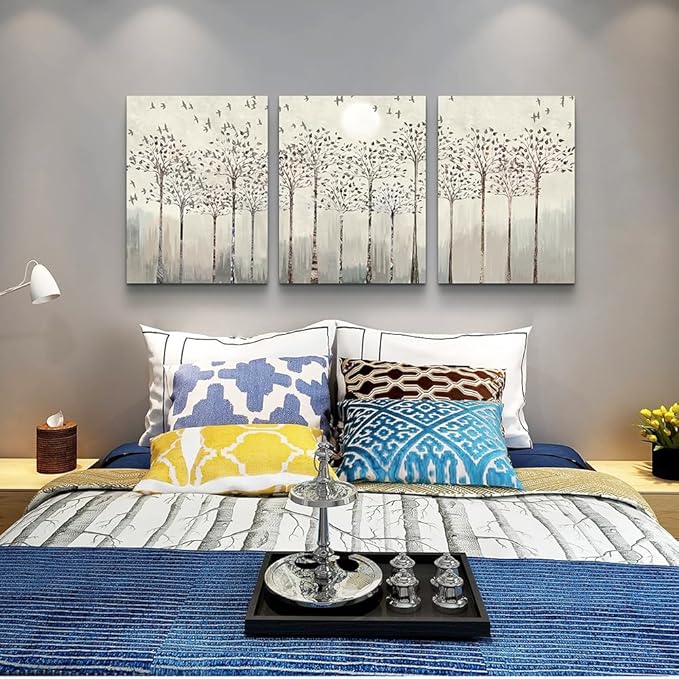 Lapremoly Wall Decorations for Living Room - Canvas Art for Bedroom Office - Trees and Birds Abstract Paintings View Prints - Modern Room Home Decor 3 Piece