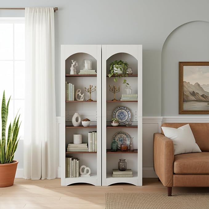 71.6" Tall Farmhouse Bookshelf, 5-Tier Narrow Bookcase & Storage Cabinet, Freestanding Kitchen Pantry Organizer with Adjustable Shelves for Living Room, Home Office, White