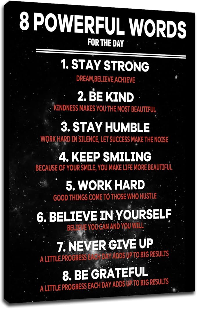 Motivational Framed Canvas Wall Art Poster Print for Office 8 Powerful Words Inspirational Entrepreneur Quotes Picture Painting Artwork for Modern Home Bedroom Gym Ready to Hang [12''W x 18''H]