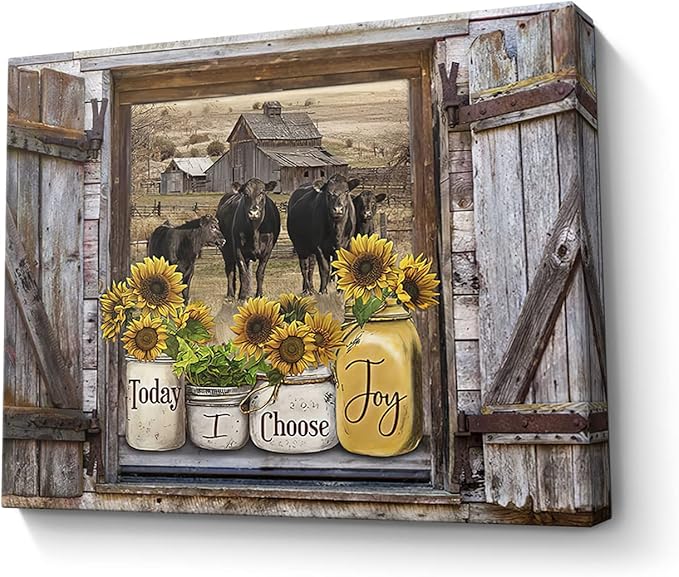 Parylore Sunflower Mason Jars on Rustic Window Wall Art Angus Cows Kitchen Decor Farmhouse Picture Framed Modern Artwork For Living Room Bedroom Home 12x16 In