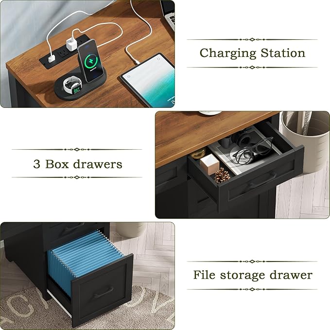 Vabches Farmhouse 47" Executive Desk with 4 Drawers, Computer Desk with File Drawer and Charging Station, Workstation for Home Office, Study.Black Brown
