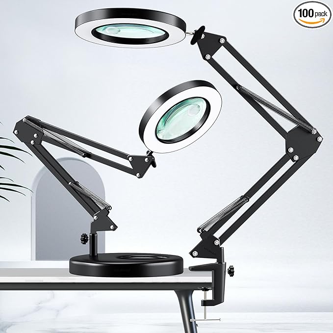 HITTI 30X & 10X Magnifying Glass with Light, 1800 Lumens Stepless Dimmable, 3 Color Modes, 4.2″ Real Glass Lens LED Desk Lamp with Clamp, Magnifier Light and Stand for Craft Reading Jewelry-Black