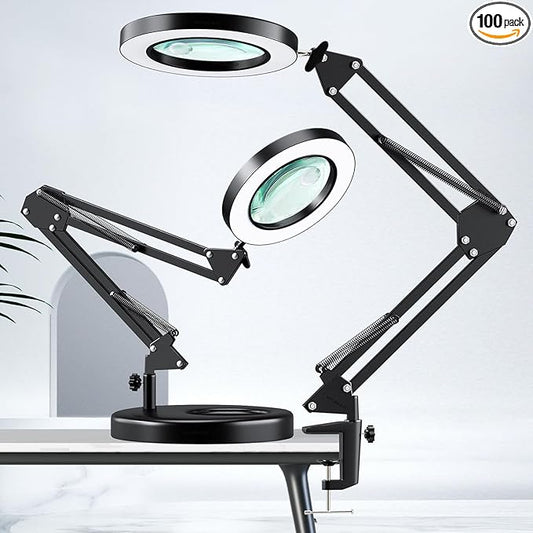 HITTI 30X & 10X Magnifying Glass with Light, 1800 Lumens Stepless Dimmable, 3 Color Modes, 4.2″ Real Glass Lens LED Desk Lamp with Clamp, Magnifier Light and Stand for Craft Reading Jewelry-Black