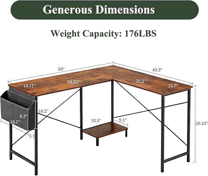 L-Shaped Corner Home Office Computer Desk, Gaming Desk with CPU Stand Shelf and Hanging Storage Pocket, Student Study Writing Table, Sturdy Metal Frame, 43.3" D x 50" W, Rustic Brown