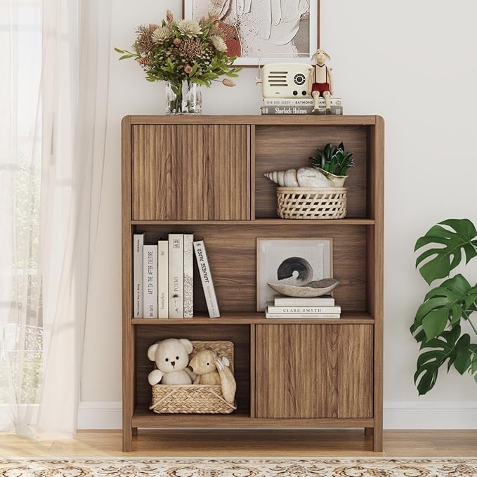 FATORRI Bookshelf with Storage, 5 Cube Bookcase with Doors, Farmhouse Wood Cube Storage Organizer for Home Office, Bedrooom, Living Room (Walnut)