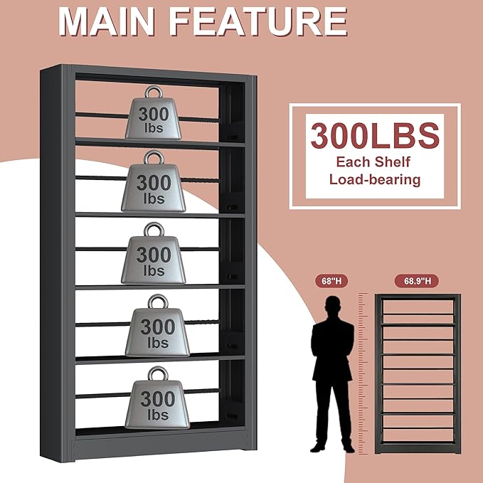 Large Metal Bookcase, 69” Modular Bookshelf with Storage, 5 Tier Bookcase with Adjustable Shelves, Extra Tall Book Shelves, Modern Book Case for Library, Office, Entryway, Living Room（Black）