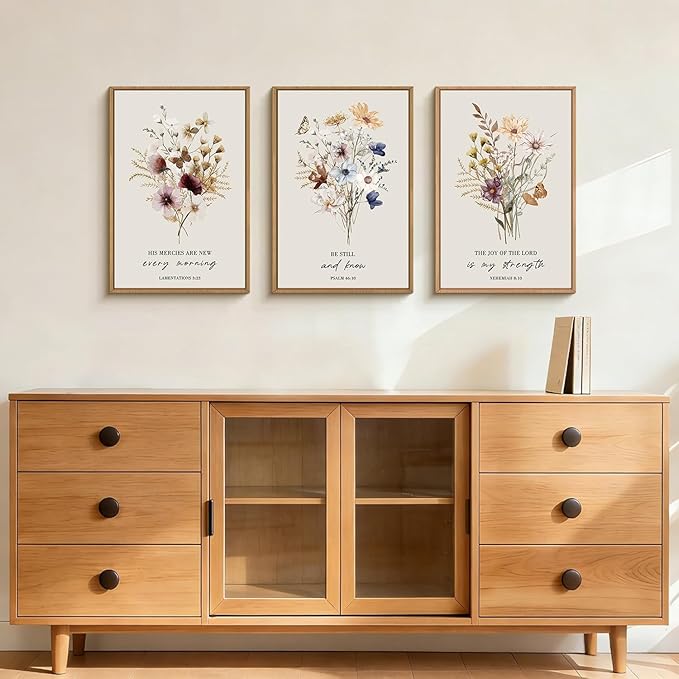 Ausril Boho Christian Floral Scripture Wall Art Set of 3, Bible Verse Flower Painting, Religious wildflower Artwork for Living Room, Bedroom, Fireplace, Modern Botanical for Home Decor- 24"X36"