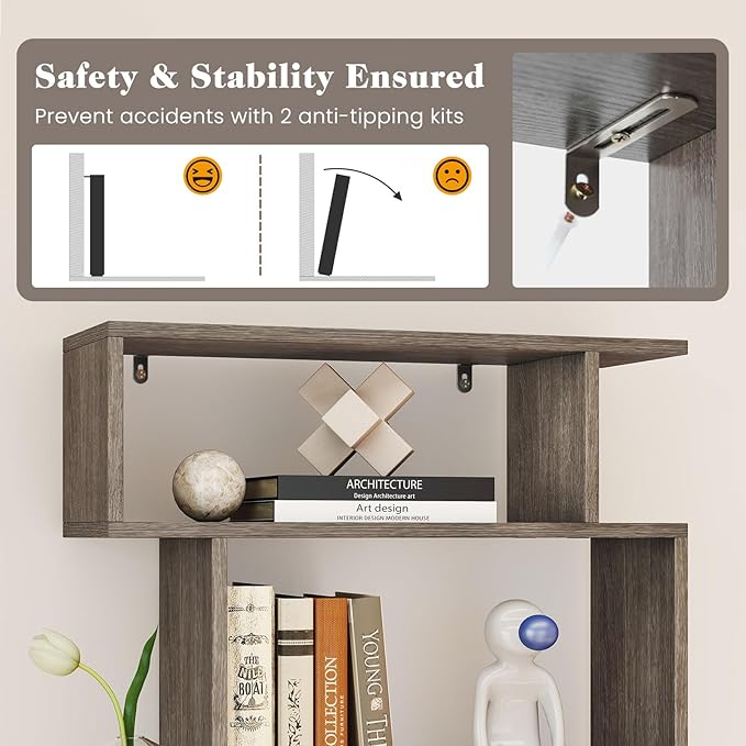 Giantex 6-Tier Geometric Bookshelves Set of 2, S-Shaped Bookcase with 2 Anti-Tipping Kits, Wooden Display Shelf, Decorative Storage Shelving Unit, Home Storage Organizer for Office Living Room