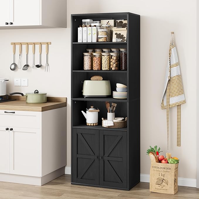 IDEALHOUSE Bookcase with Doors Industrial Bookshelf 11.8in Depth Display Storage Shelves 71.4in Tall Farmhouse Bookcases Wooden 6 Shelf Bookshelvels for Bedroom, Living Room, Home Office (Black)