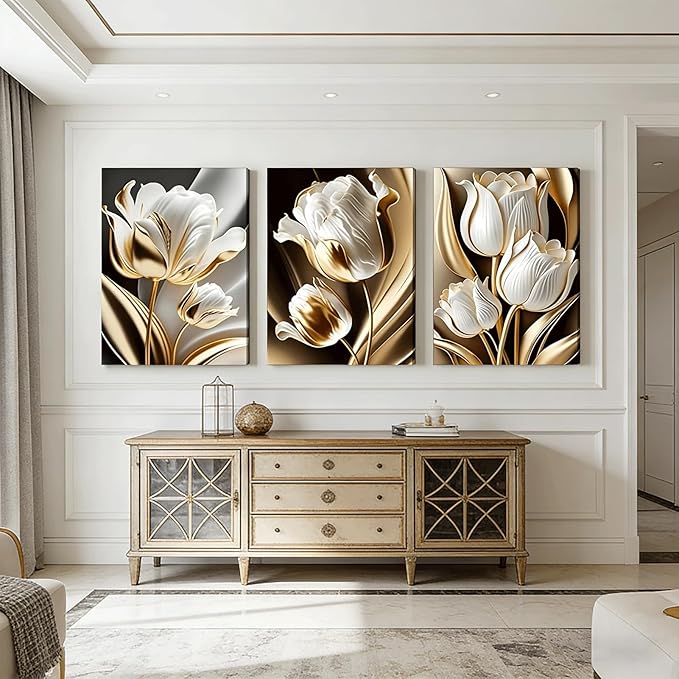 3Pcs Abstract White Gold Floral Canvas Wall Art Modern Luxury Minimalism Painting Pictures Wall Decor tulip Plants Posters Prints Artwork for Living Room Bedroom Office Home Decoration 16 x 24in