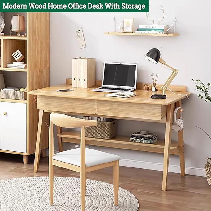 Scandinavian Solid Wood Desk,Small Home Office Desk with Drawers and Shelves,Writing Desk Workstation,Contemporary Computer Desk Study Desk Table