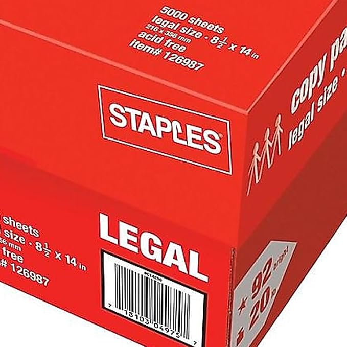 Staples 8.5-Inch x 14-Inch Copy Paper 20 lbs. 92 Brightness 500/Ream 10 Reams/Count