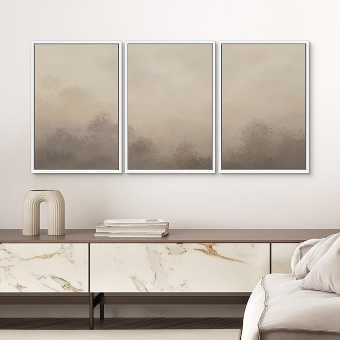 SIGNWIN Framed Canvas Print Wall Art Set Neutral Misty Forest Landscape Earth Tone Illustrations Modern Art Decorative Boho Relax/Zen Nordic for Living Room, Bedroom, Office - 16"x24"x3 White