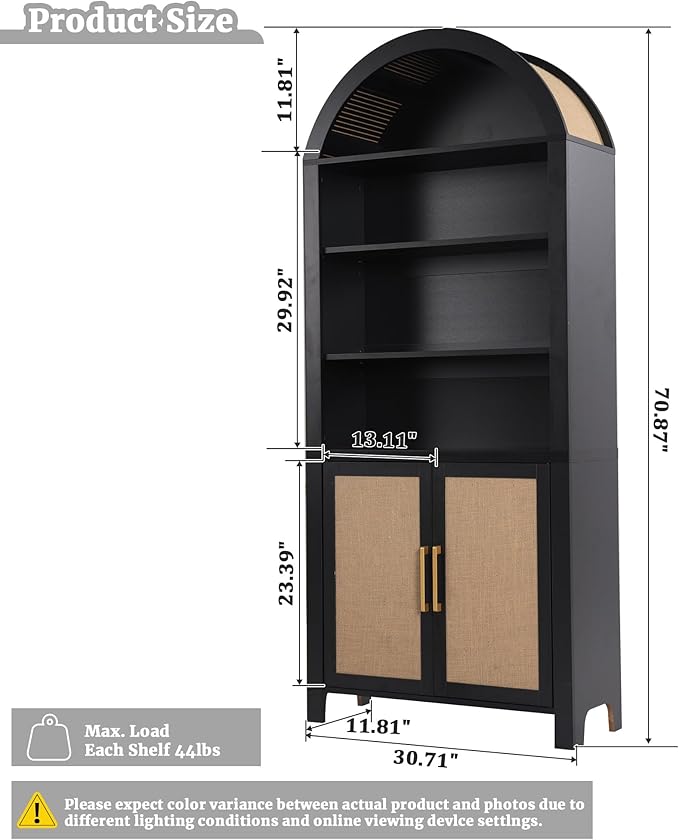 71" Tall Arched Bookcase with Storage, Mid-Century Modern 6-Tier Arch Cabinet with Door, Arched Bookshelf Cabinet with Open Display Storage Shelf for Office Living Room (Black)