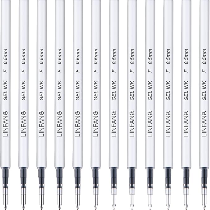 Black Gel Pens Refills, 12 Pack Retractable Gel Ink Pen Refills Bulk, Fine Point 0.5mm Tip Smooth Writing Quick Dry Gel Pen Refills for Journaling Writing School Office Supplies (12 Black)