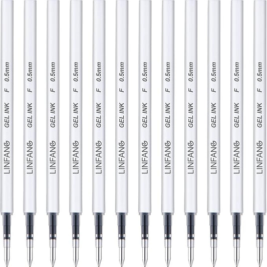 Black Gel Pens Refills, 12 Pack Retractable Gel Ink Pen Refills Bulk, Fine Point 0.5mm Tip Smooth Writing Quick Dry Gel Pen Refills for Journaling Writing School Office Supplies (12 Black)