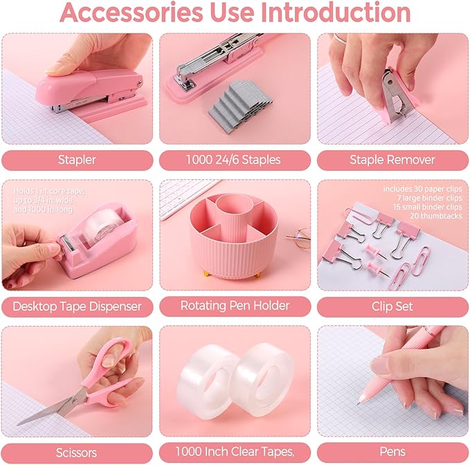 SKYDUE Pink Desk Accessories 10Pcs, Rotating Pen Holder for Desk, Stapler, Staple Remover, Tape Dispenser,2pcs Tape Refills, Binder Paper Clips Kit, Scissor,Pink Office School Supplies