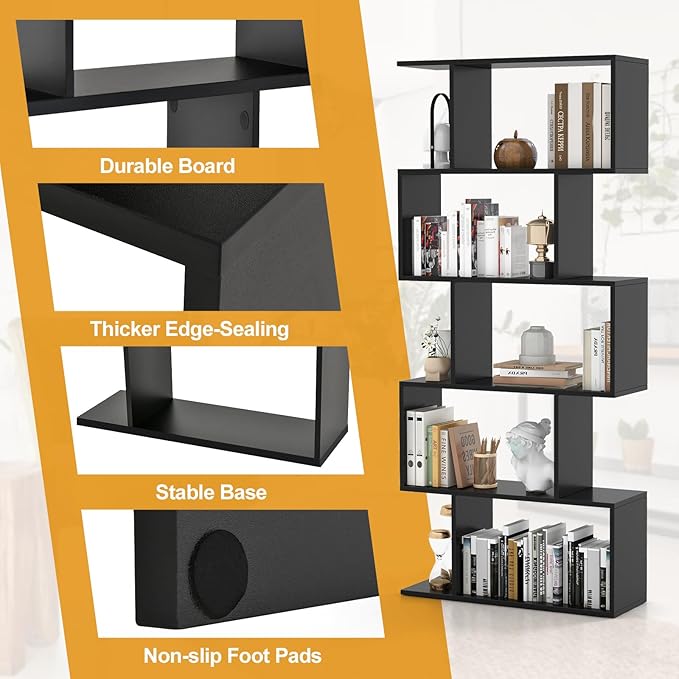 Tangkula 5-Tier Geometric Bookshelf, S Shaped Bookcase w/Anti-Toppling Device, Freestanding Room Divider, Industrial Home Office Decor Wood Open Storage Display Shelf for Living Room (1, Black)