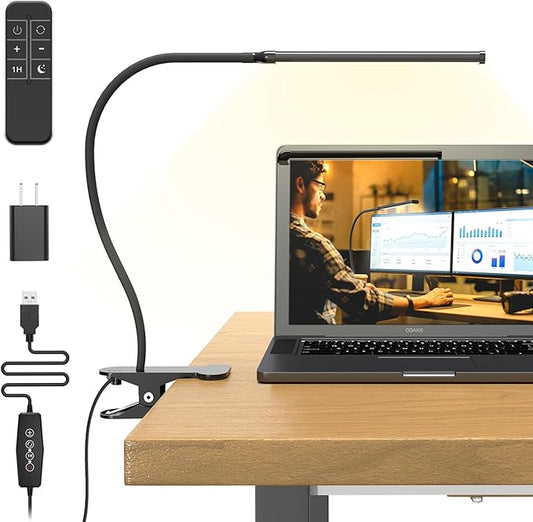 Desk Lamp with Remote, 3 Color & 5 Brightness & 77LED Dimmable Reading Lamp, 15.7'' Flexible Gooseneck Clamp Lamp, Eye-Caring Clip on Light with Adapter for Reading Study Workbench Drafting