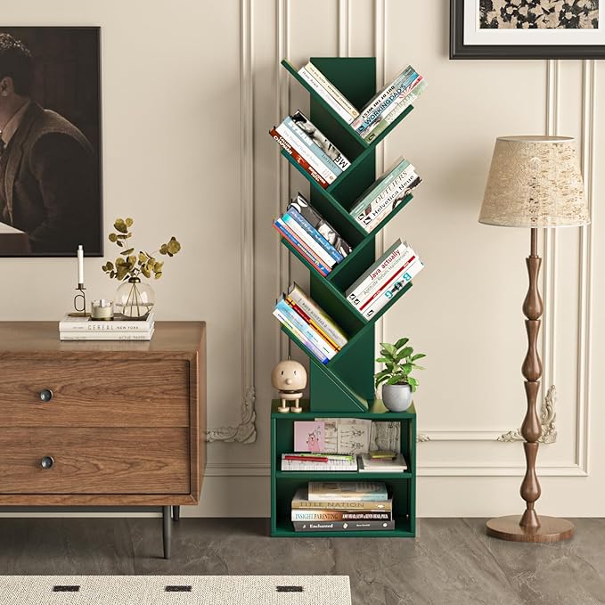 10 Tier Tree Bookshelf,Christmas Green Bookcase for Narrow Space, Storage Organizer Floor Standing Bookshelves for Books, Tall Book Case for Home Office, Living Room, Bedroom