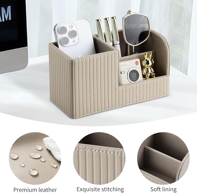 KINGFOM Desk Pen Organizer Office Supplies Caddy Pu Leather Multi-function Storage Box Pen/Pencil,Cell phone, Business Name Cards Remote Control Holder (Mocha Beige)