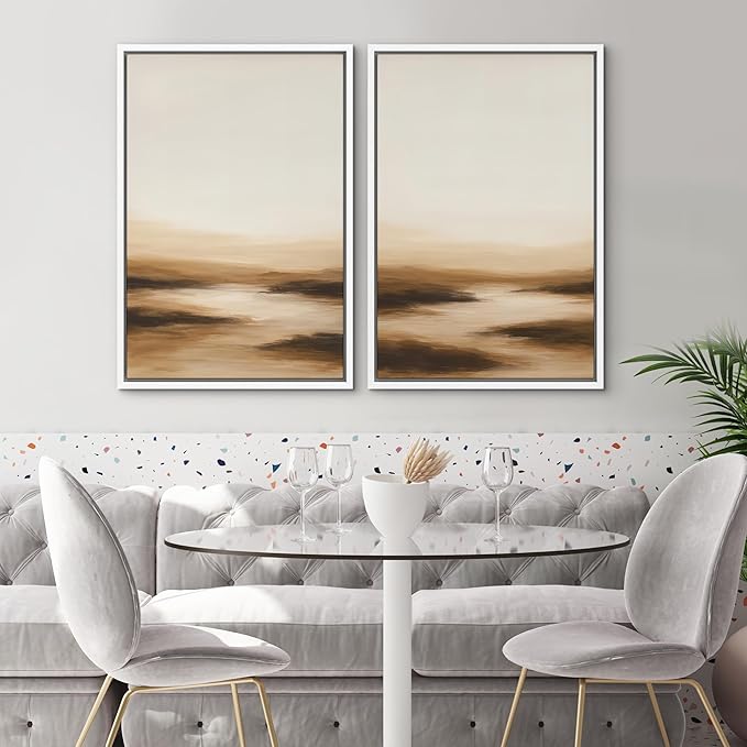 SIGNWIN Framed Canvas Print Wall Art Set Warm Brown Abstract Horizon Neutral Minimalist Landscape Illustrations Modern Art Decorative Multicolor for Living Room, Bedroom, Office - 24"x36"x2 White