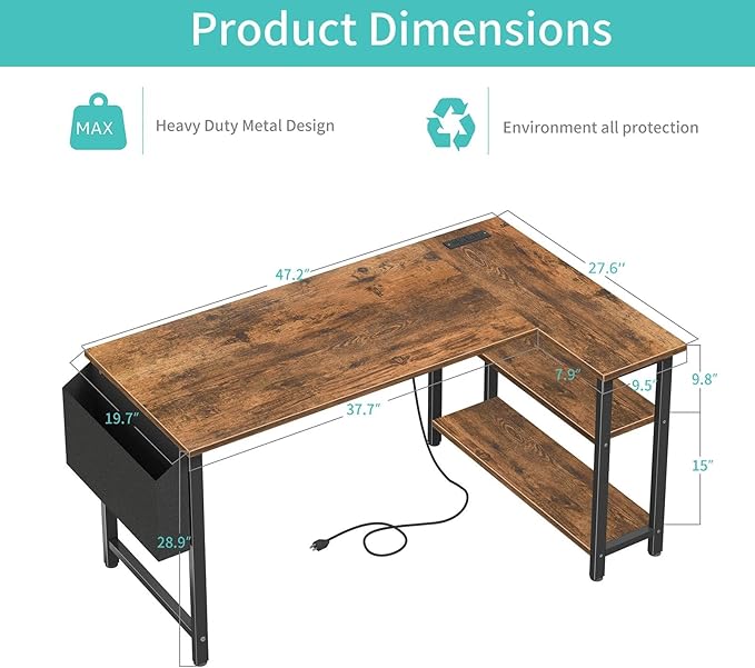 Lufeiya L Shaped Computer Desk with Power Outlet Shelves, 47 Inch Corner Desk for Home Office Bedroom, L-Shaped Study Writing Working PC Desks, Rustic Brown