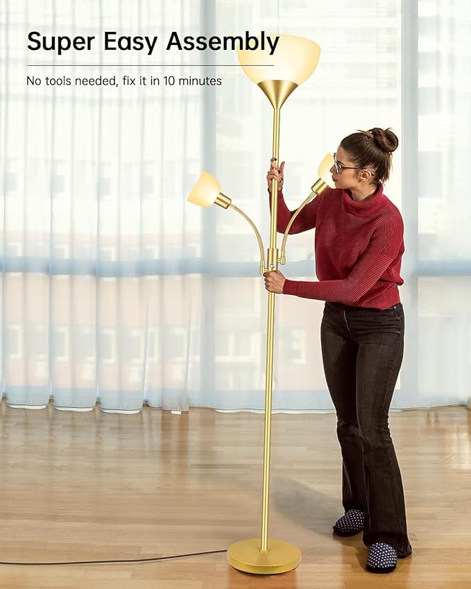 Floor Lamp, Torchiere Floor Lamps for Living Room, 71 Inch Tall Standing Lamp, Bedroom Lamps with Reading Light, Rotary Switch, 3 Plastic Lampshade, Torch Floor lamps for Bedroom (Gold, No Bulb)
