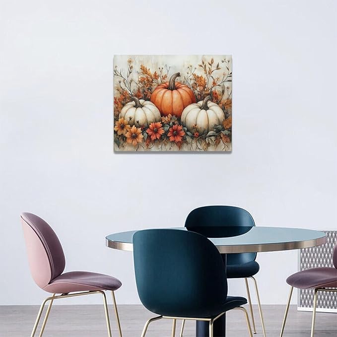 Fall Pumpkin Wall Art Autumn Leaf Pictures Wall Decor Maple Leaves Canvas Painting Modern Artwork Home Decoration for Living Room Bathroom Bedroom Office Framed 20"x16"