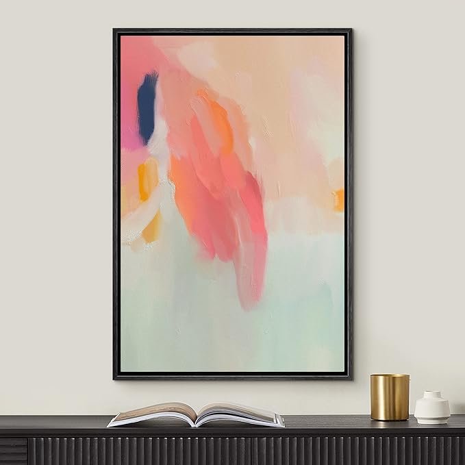 MUDECOR Framed Canvas Print Wall Art Red Orange Green Pastel Paint Strokes Abstract Shape Illustrations Modern Art Decorative Bohemian Colorful Chic for Living Room, Bedroom, Office - 16"x24" Black
