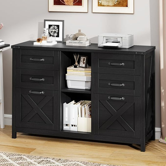 Farmhouse Lateral Filing Cabinet, Lateral File Cabinet with 6 Drawers and Adjustable Shelf, Large Printer Stand with 2 File Drawers for Letter/A4 Size Hanging Files for Home Office, Rustic Black