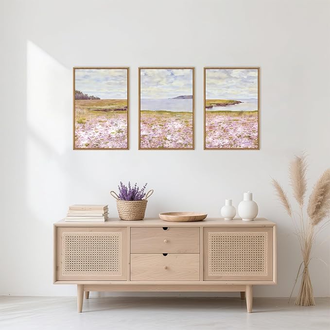 HOURIA Spring Watercolor Pink Floral Coastal Landscape Framed Canvas Wall Art Set,Nature Inspired Wildflower & Meadow Cottage Field Wall Decor,Modern Seaside Beach Artwork for Living Room,Farmhouse-16"x24"x3