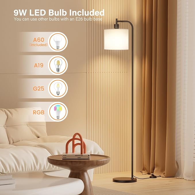 Floor Lamp with Linen Shade, Dimmable Tall Standing Lamp with Remote Control & 3 Color Temperatures, Modern Corner Floor Lamps for Living Room Bedroom Office, 9W LED Bulb Included