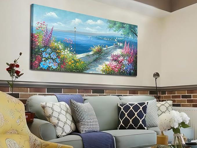 Arjun Blue Landscape Wall Art Canvas for Living Room Ocean Coastal Mediterranean Painting Bedroom 100% Hand Painted Seascape Garden Flower Picture Artwork Large Framed Home Office Wall Decor, 48"x24"