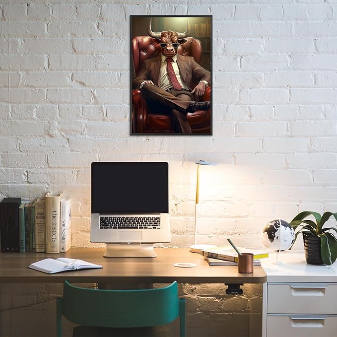 Trendy Suit Animal Cow Portrait Wall Art Funny Boss Cow Canvas Posters Work Struggle Motivation Inspiring Prints Painting For Office Living Room Wall Decor 24x36in Framed