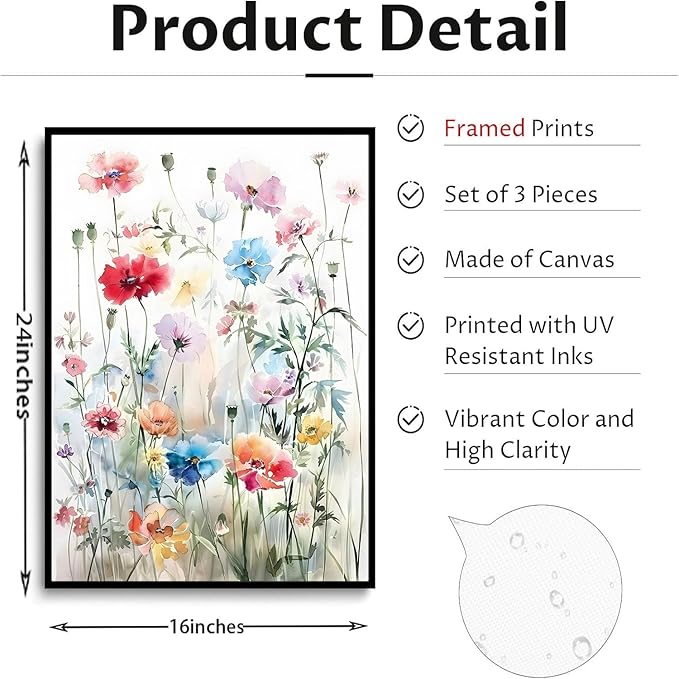 KISSFOX Framed Colorful Wildflower Canvas Wall Art Set Of 3 Flowers Pictures Prints Flowers Printing Floral Watercolors Flower wall Decor Living Room Girls Bedroom Bathroom