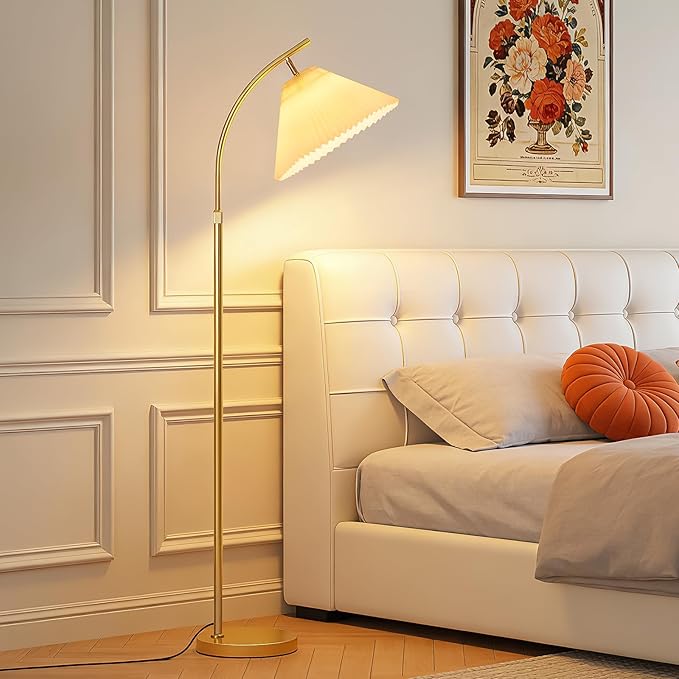 Adjustable Floor Lamp for Living Room, 61"-68" Tall Standing Lamp with Pleated Shade, Modern Gold Floor Lamp with 9W LED Dimmable 3-Color (3000K/4500K/6000K), Reading Corner Lamp for Bedroom Office
