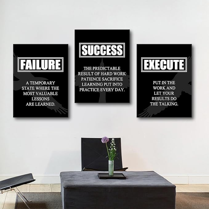 Inspirational Poster Home Wall Decor Motivational Canvas Painting Wall Art Failure Success Execute Noun 3 Pieces Positive Prints Picture Artwork School Office Decor Framed[36" W X 16" H]