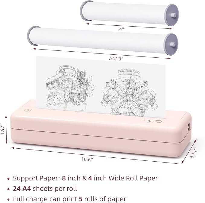 HPRT Wireless Portable Printer - Bluetooth Thermal Printer for Travel, Mobile Office, School, Home Compatible with iOS Android (Renewed) (Pink)