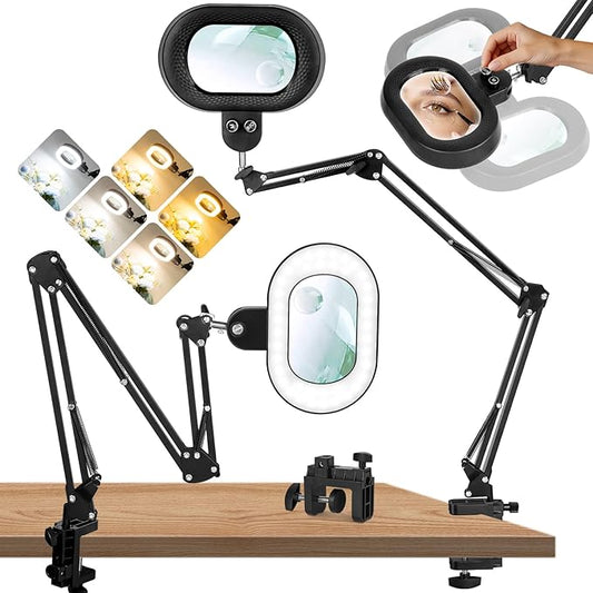 12X&30X Ultra Long Arm Magnifying Glass with Light, Three-axis Rotation Infinite Color Dimmable Magnifying Lamp, Lighted Magnifier Workbench Light for Craft, Reading(12X&30X 35in Oval Clamp)
