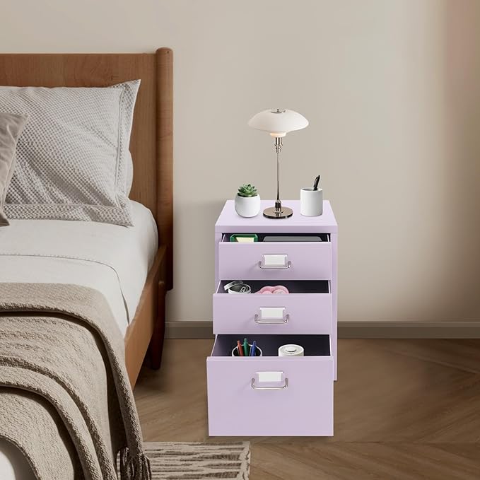3 Drawer Mobile File Cabinet, Under Desk Metal Filing Cabinet with Wheels, Rolling Storage Organizer for Home Office - Purple