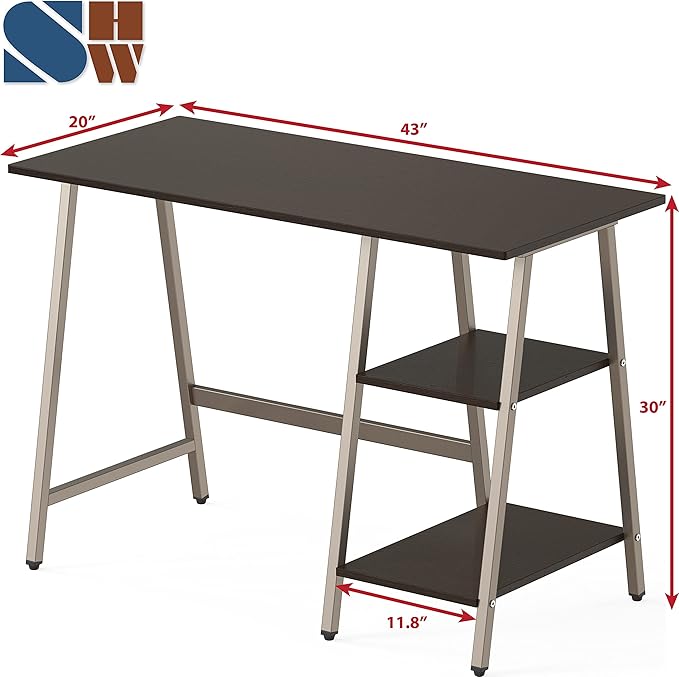 SHW 43-Inch Home Office Trestle Computer Desk with Open Storage Shelves, Espresso