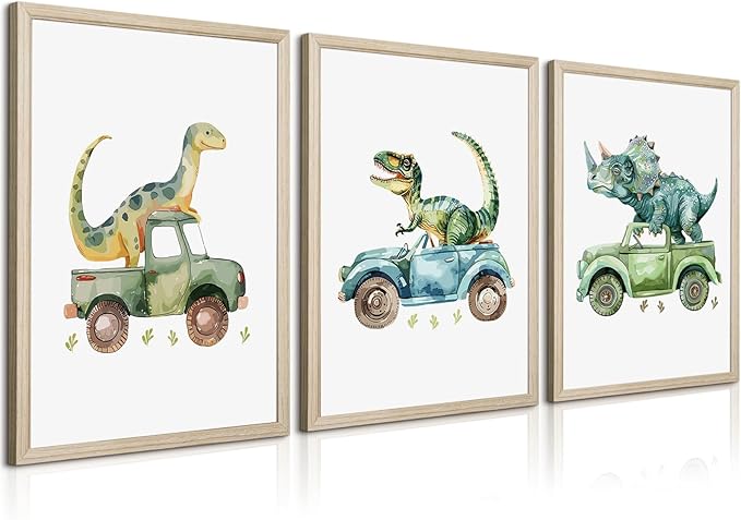 Dinosaur Nursery Wall Art Kids Canvas Poster Baby Boy Nursery Wall Decor Green Dino Pictures Toddler Prints Cartoon Dino Car Painting Boys Room Artwork for Bedroom Bathroom 16x24x3 Inch White Framed