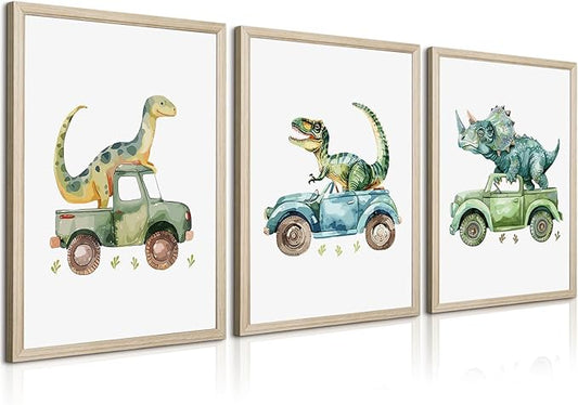 Dinosaur Nursery Wall Art Kids Canvas Poster Baby Boy Nursery Wall Decor Green Dino Pictures Toddler Prints Cartoon Dino Car Painting Boys Room Artwork for Bedroom Bathroom 12x16x3 Inch White Framed