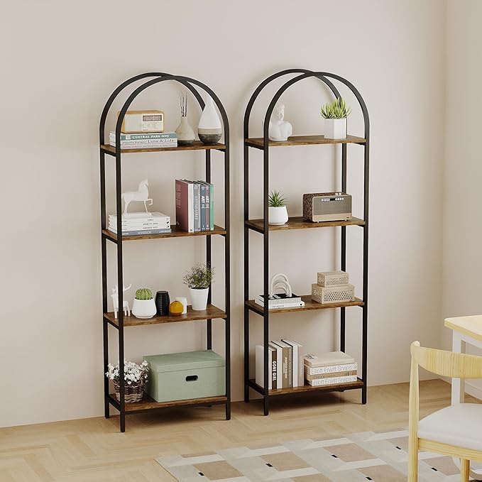 Bookshelf Arched Bookcase, Industrial 4-Tier Open Book Shelves with Metal Frame, 72" Tall Freestanding Storage Display Rack for Home Office, Living Room (Rustic Brown, 4 Tier Arched)