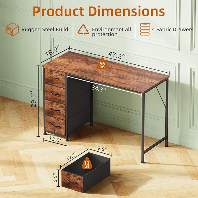 Somdot 47" Computer Desk with 4 Drawers for Bedroom,Simple Home Office Writing Desk,Gaming Table with Storage,Modern Work for Home Office, Study, Living Room,Wood Grain Print