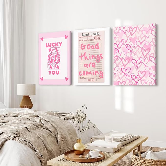 Lucky You Pink Wall Art Guest Check Preppy Wall Decor Trendy Aesthetic Canvas Wall Art Funky Retro Poster Hearts Cute Picture Prints Inspirational Artwork for Room Bedroom 12x16 Inch Framed Set of 3