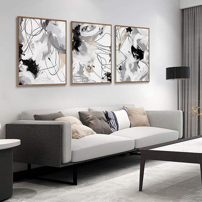 myusuar 3 Piece Large Modern Abstract Canvas Framed Wall Art For Living Room, Black And White Lines Minimalist Wall Art Decor Posters Prints For Bedroom Office, 16x24in